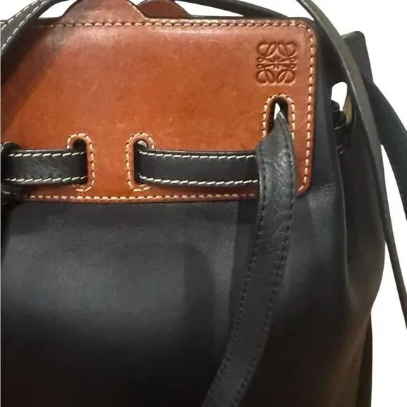 LOEWE Black Bicolor Whiskey Brown Small Lazo Bucket Bag Auth - Picture 4 of 14